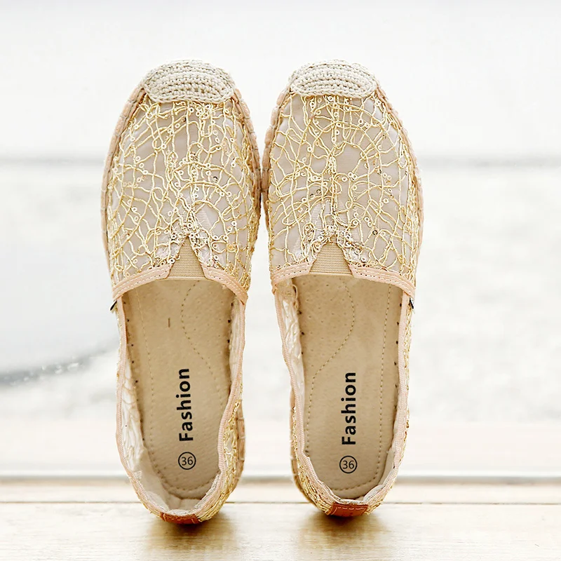 

2020 Women Espadrilles Shoes Lace Hollow Bling Loafers Fisherman Shoes Woman Flats Shoe For Summer