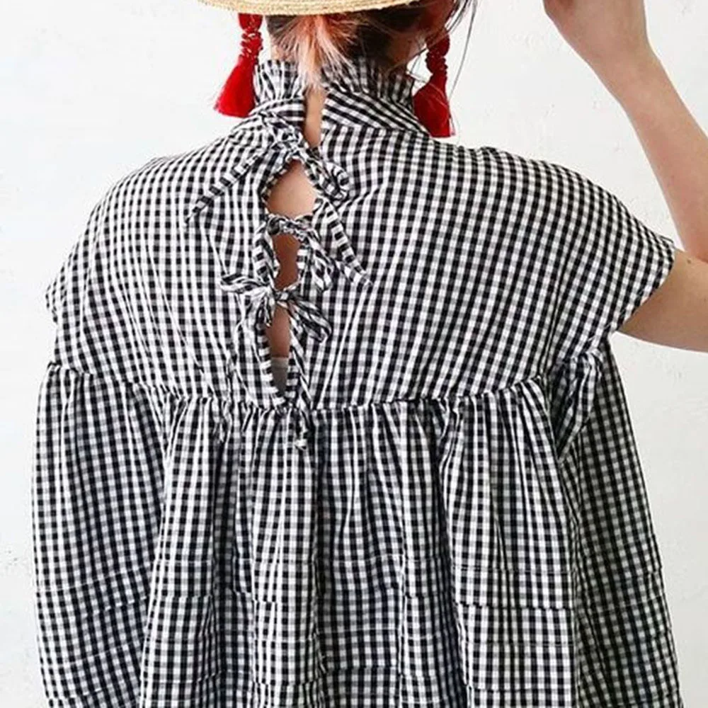 

2021 Summer Fashion New Japanese Style Blouse Lattice Folds Loose Casual Temperament Thin Simple Round Neck Summer