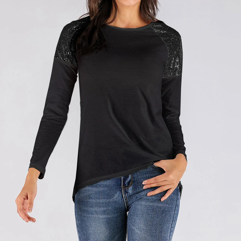 Модная Осенняя футболка для женщин топ с блестками круглый вырез Blusa длинным рукавом Женские топы женские футболки WS5024V