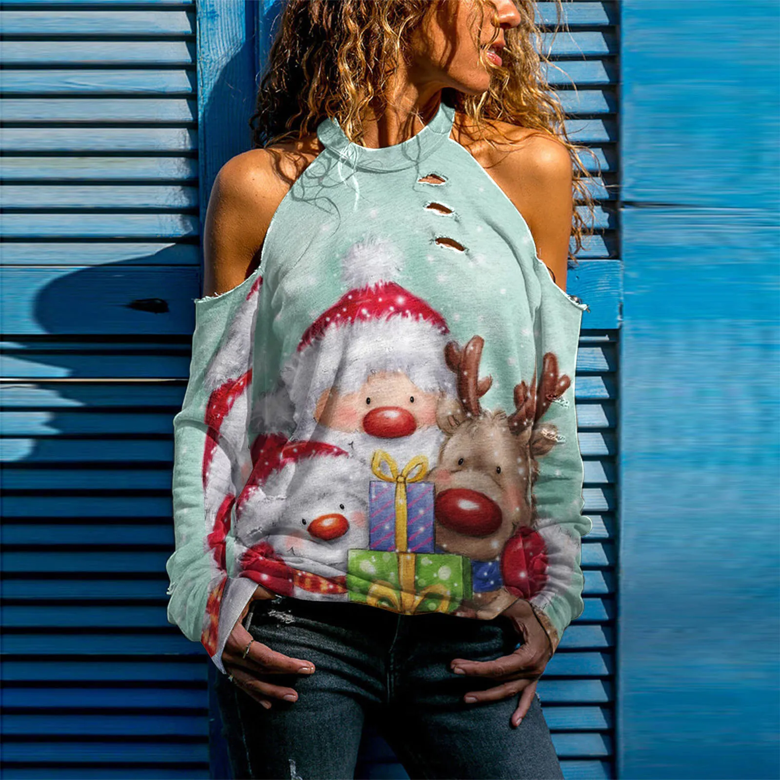 

2021 New Christmas Women's Hole Hollow Long Sleeve T-Shirt Top
