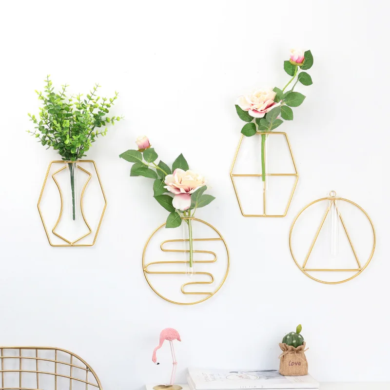 

Simple Geometric Glass Vase Hydroponic Iron Wall Hanging Creative Home Living Room Wall Decoration Wall Vase for Flowers
