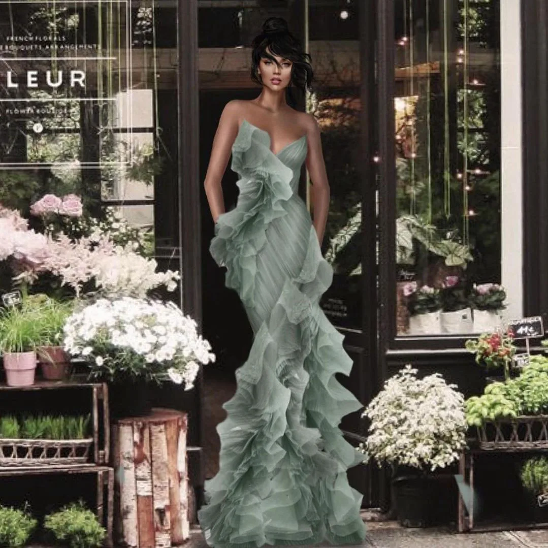 

2022 Fasion Elegant Exquisie Women Dress Strapless Tulle Ruffle Floor Length Evening Dress Photography Prom Dress Plus Size