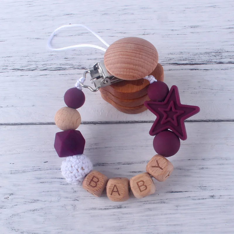

Personalized Name Handmade Silicone Baby Wooden Dummy Pacifier clip Safe Teething Chain Teether Pacifier chains Holder Chain