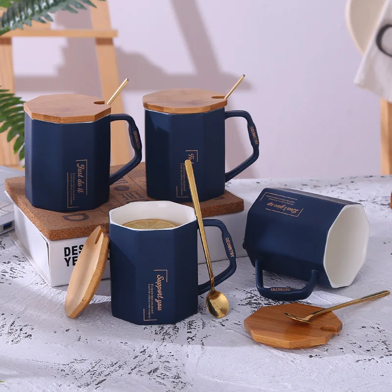 

Creative Octagonal Ceramic Mug Nordic Diamond Mug with Lid Spoon Water Cup Office Mugs Coffee Cups with Lids Reusable