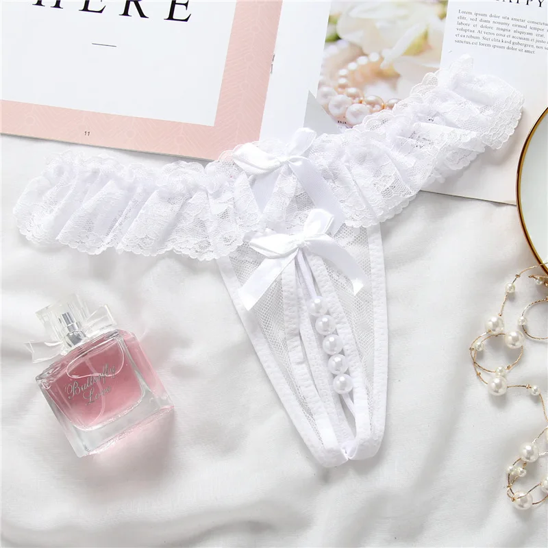 

Long night lace open crotch thong pearl underwear female sexy transparent hot t-pants big size