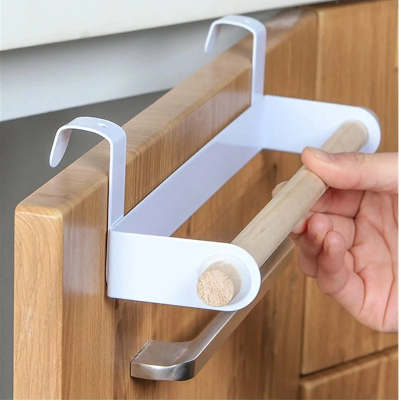 

Non Perforated Towel Holder Bathroom Wood Toilet Paper Hanger Cling Film Rag Storage Rack Wall Hanging Shelf Kitchen Accessories
