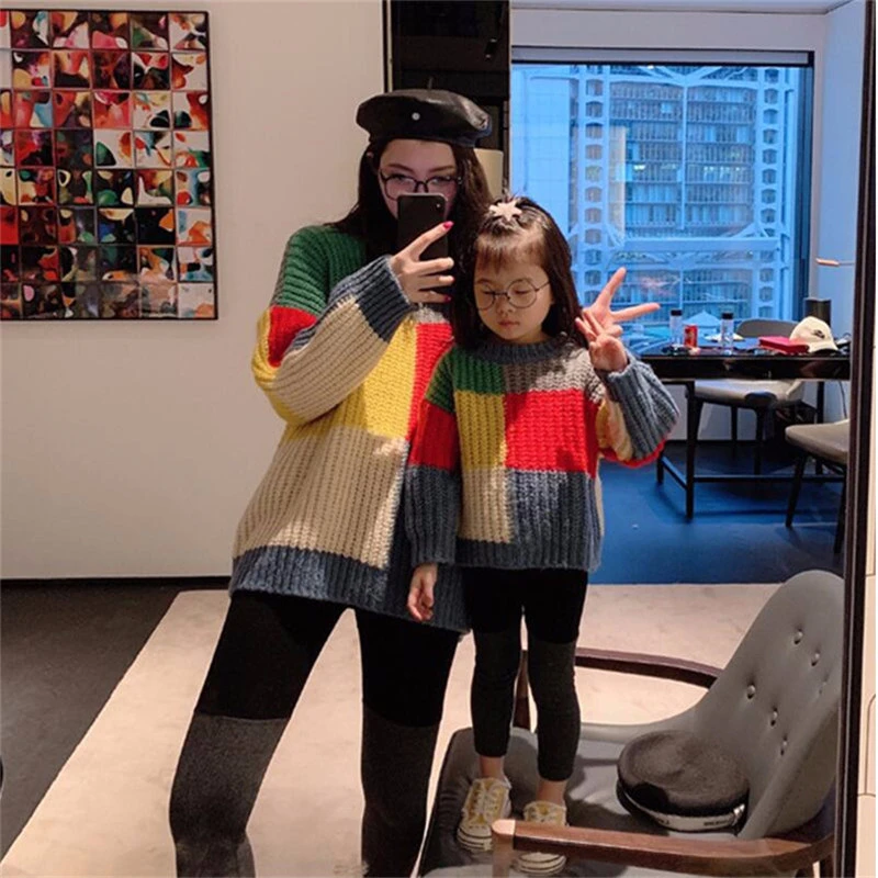 Шерстяной свитер в стиле ретро для мамы и дочки толстые вязаные свитера сезон