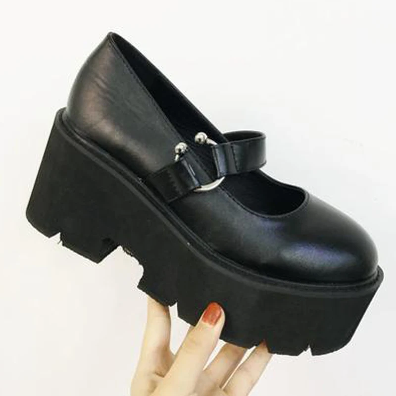 

Туфли Мэри Джейн на платформе с металлической пряжкой, Женские винтажные туфли на массивном каблуке в стиле "Лолита", женские ботинки с высо...