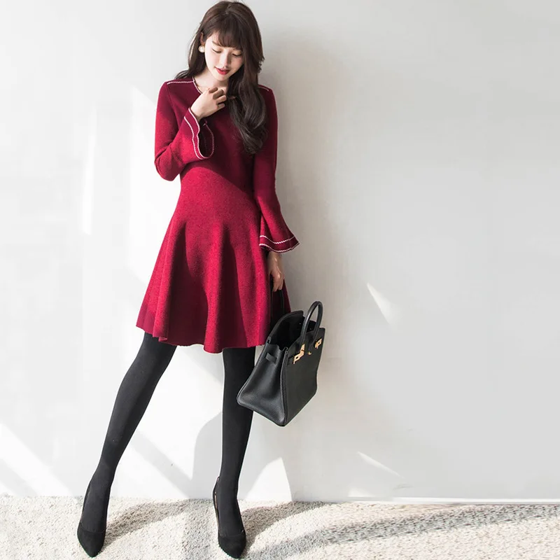 Вязаное платье с рукавом-колоколом Женская одежда Новинка 2019 стильный