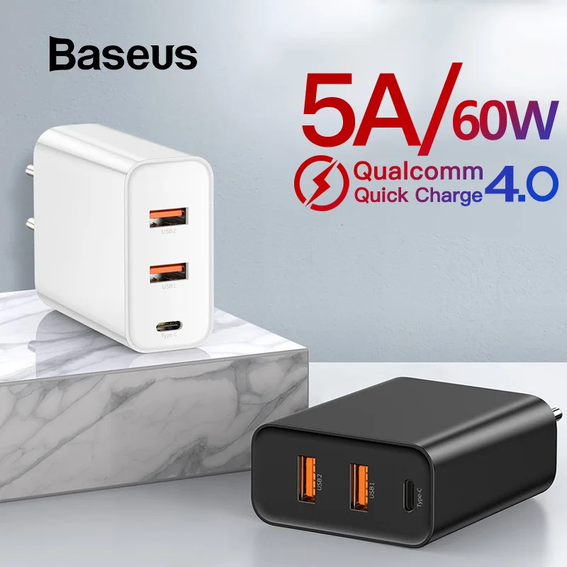 Baseus 60 Вт USB зарядное устройство Быстрая зарядка 3,0 usb type C зарядное устройство для iPhone 8 X XS PD 5A быстрое USB зарядное устройство для huawei samsung S10 S9