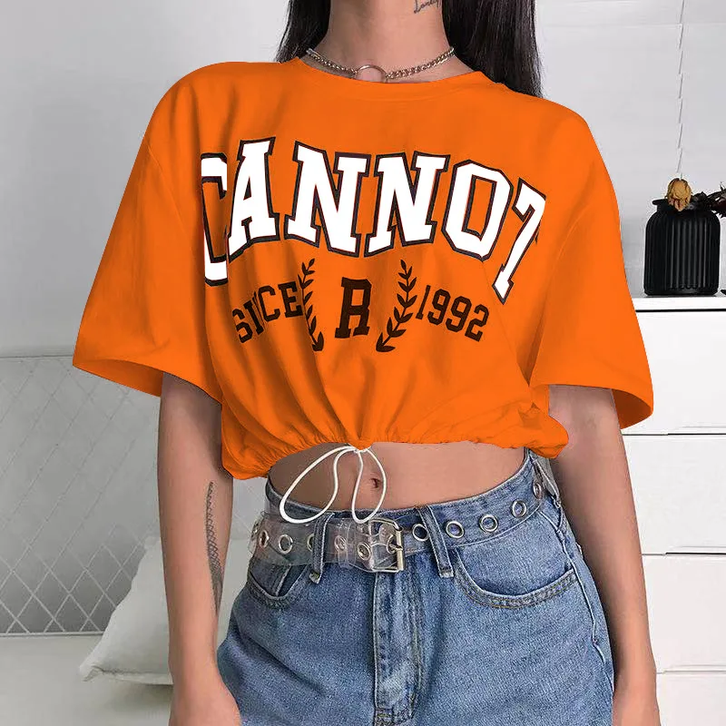

Preppy Style Letter Printed Crop Tops Women Summer Y2k Drawstring Street Fashion Short Sleeve T-shirts 2021 Indie Casual Tops
