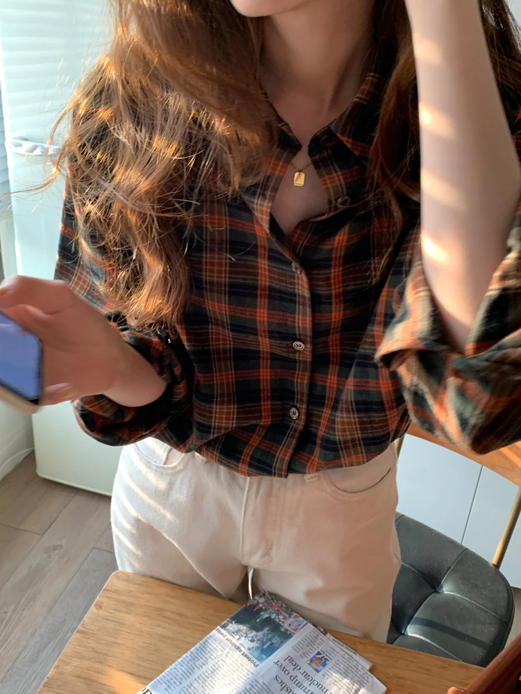 

2021 Spring Bf Style Women Plaid Shirts Loose Thin Long Sleeve Oversized Shirt