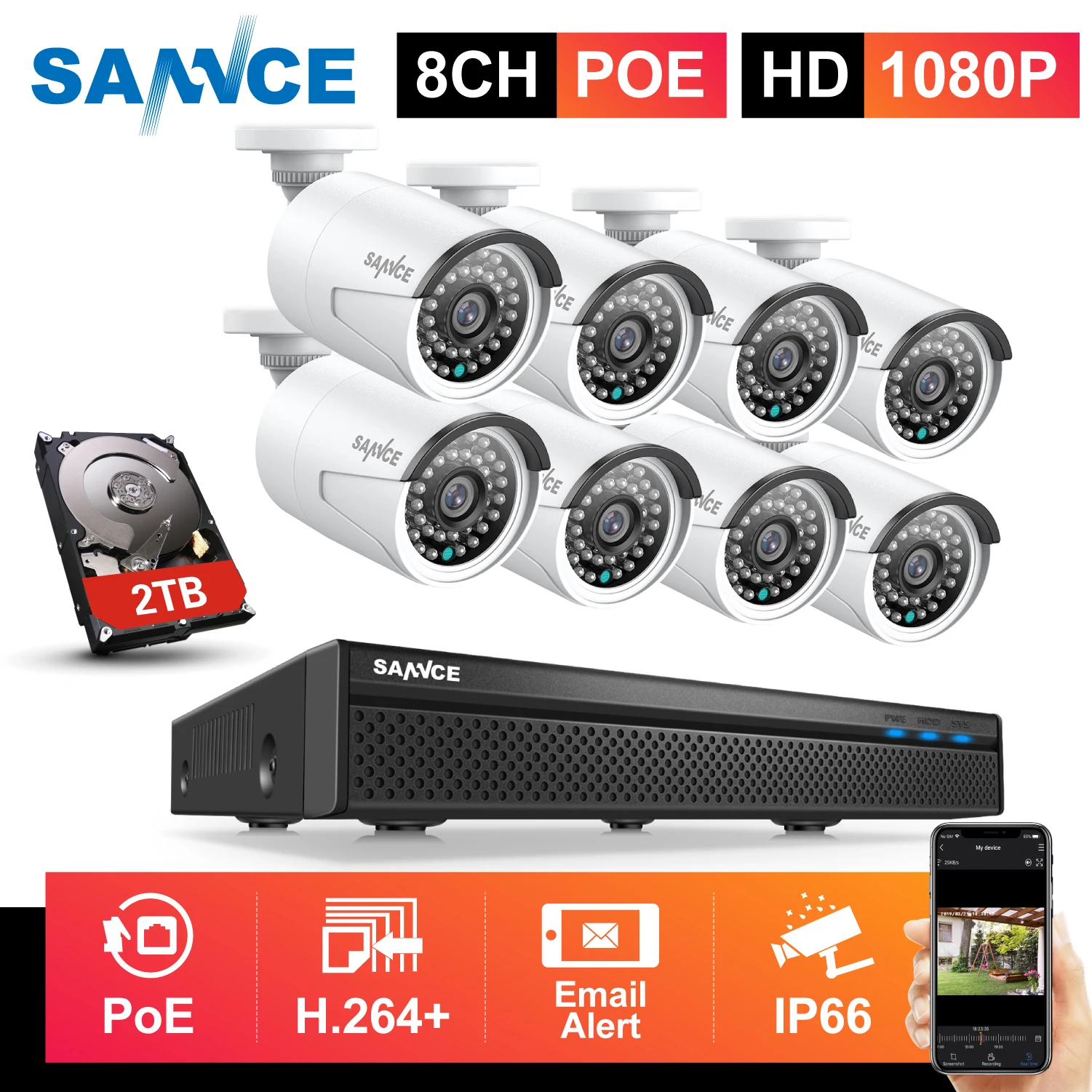 Система видеонаблюдения SANNCE 2 МП 8 каналов H.264 POE уличных водонепроницаемых IP