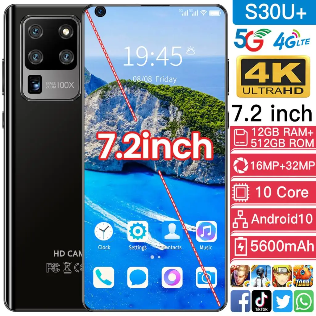 

Smartphone S30u+ Android 10.0 12GB+512GB 7.2in Rom dual sim desbloqueado cell mtk 6799 deca core S30 Ultra Plus Global Version