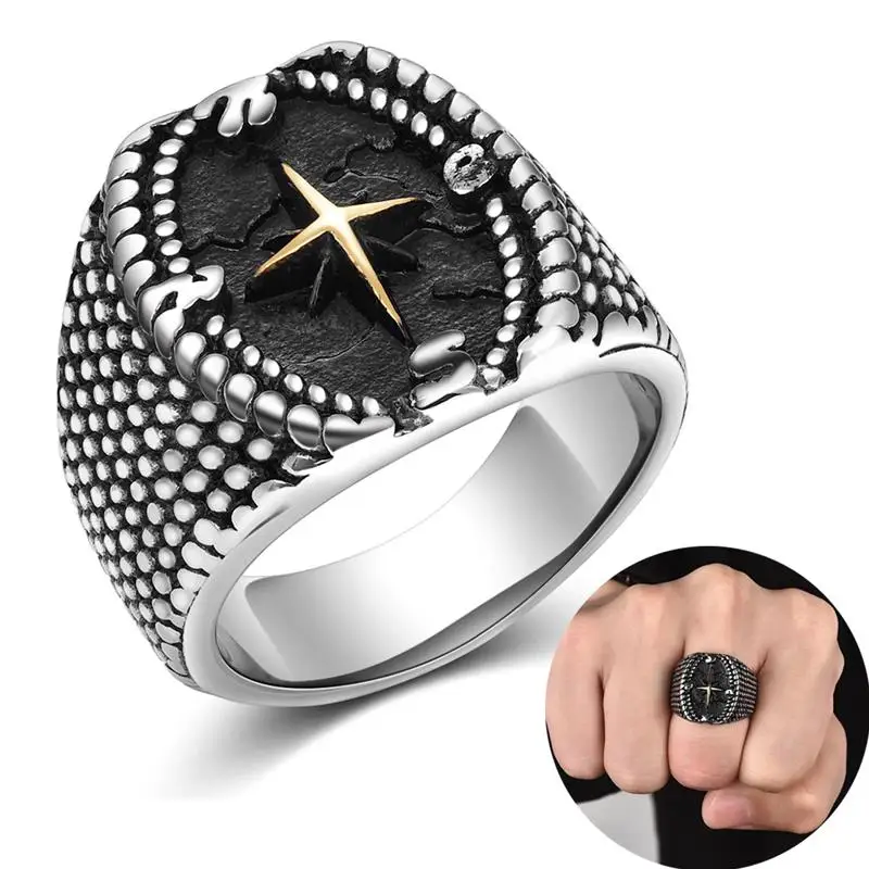 Винтажное кольцо для мужчин дизайн компаса нержавеющая сталь серебряный цвет на