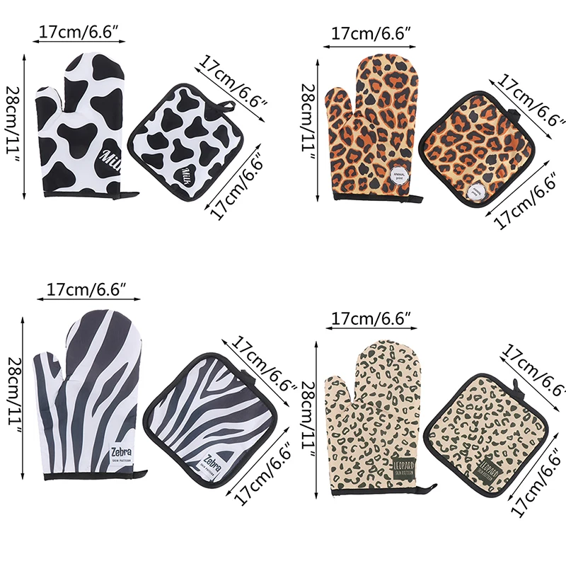 

2pcs Kitchen Gloves Insulation Leopard Pattern Pad Cooking Microwave Gloves