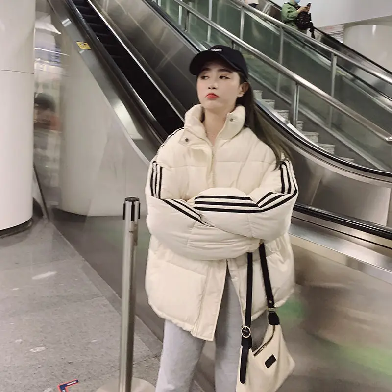 Autumn and Winter New Style Loose Simple Casual Fashion Trend Solid Color Stripe Printing Plus Velvet Thick Thick Down Jacket
