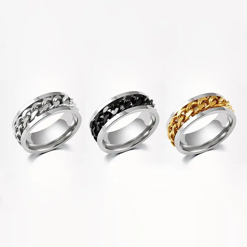 

XIAOBOACC Hip Pop Punk Rings Titanium Steel Korean Fashion Ins Style Chain Rotatable Middle Little Finger Ring Free Shipping