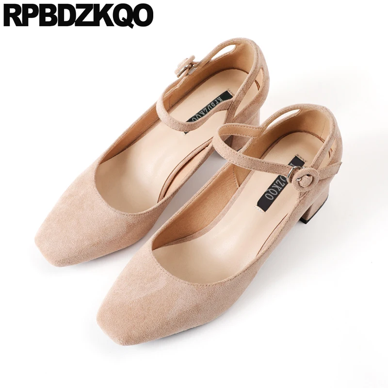 

Bridesmaid Pumps Girls Medium Heels Suede Chunky Women Ankle Strap Dress Shoes Trending Footwear Square Toe Red Prom High Nude
