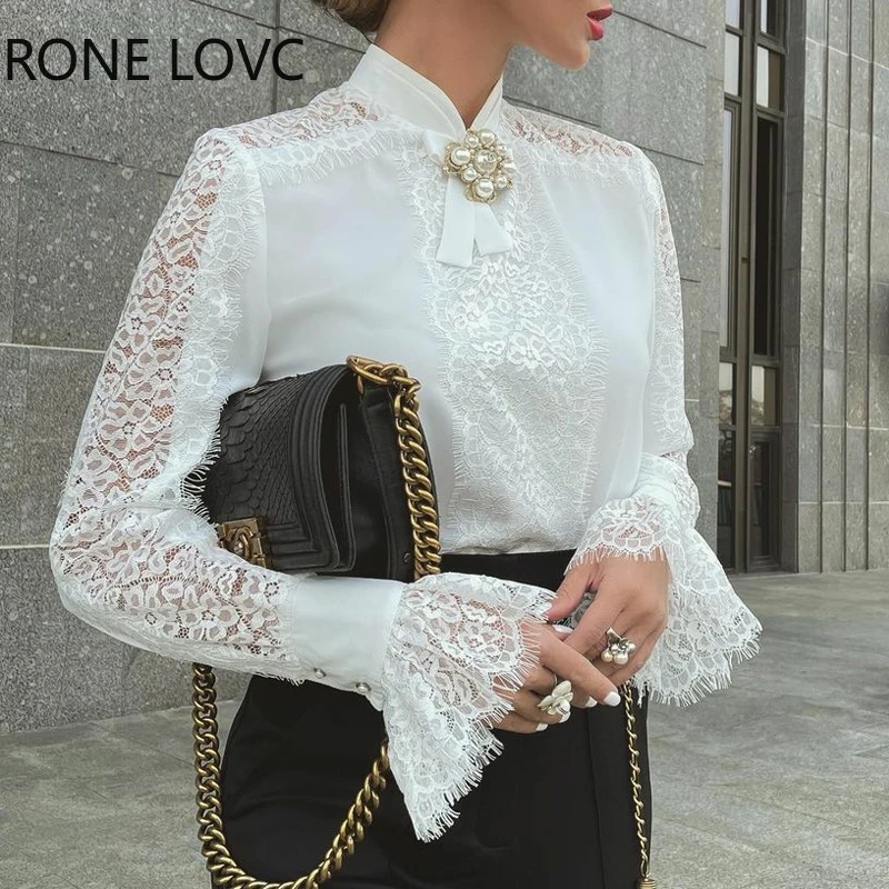 Женская однотонная элегантная кружевная Лоскутная белая блузка с полувысоким