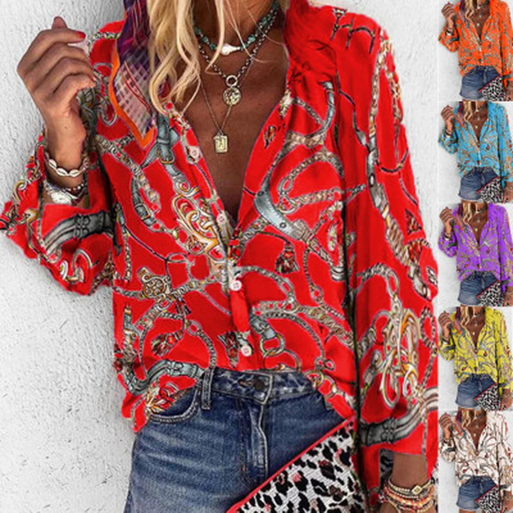 

2021 Retro Design Plus Size Blouse V-neck Long Sleeve Chains Print Autumn Loose casual Shirts Womens Tops Blouses traf za y2k