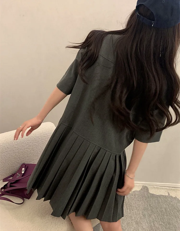 

Age reducing college wind flower drill button with pleated hem casual relaxed western style women's Mini slim dress