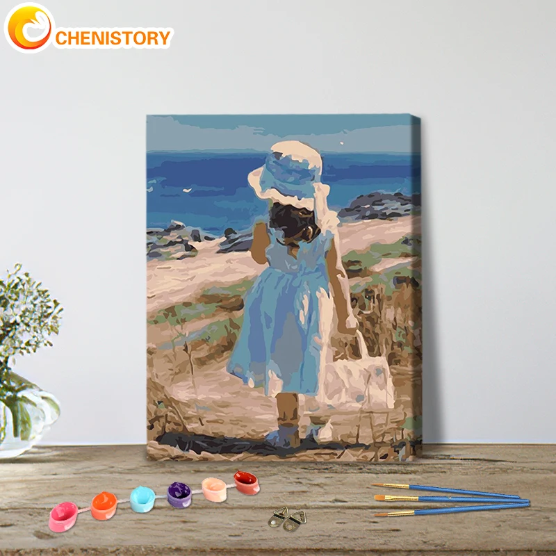 

CHENISTORY Рисование по цифрам рисунок ручная роспись ed картины Искусство рисование на холсте подарок DIY девушка у моря Портретные наборы домашн...