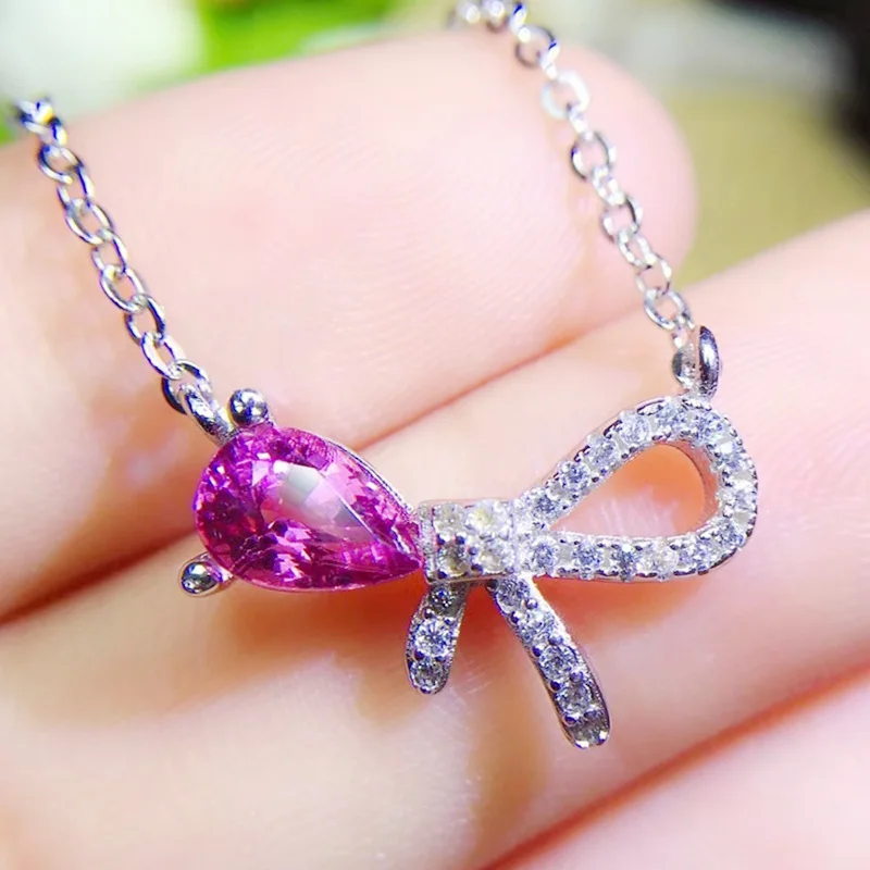 NATURAL REAL PYROPE BOWKNOT STYLE NECKLACE 1CT GEMSTONE FREE SHIPPING 925 STERLING SILVER FINE JEWELRY Q282419
