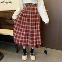 skirts women elastic waist new plaid pleated red black solid korean style sweet girls school students slim all match long womens