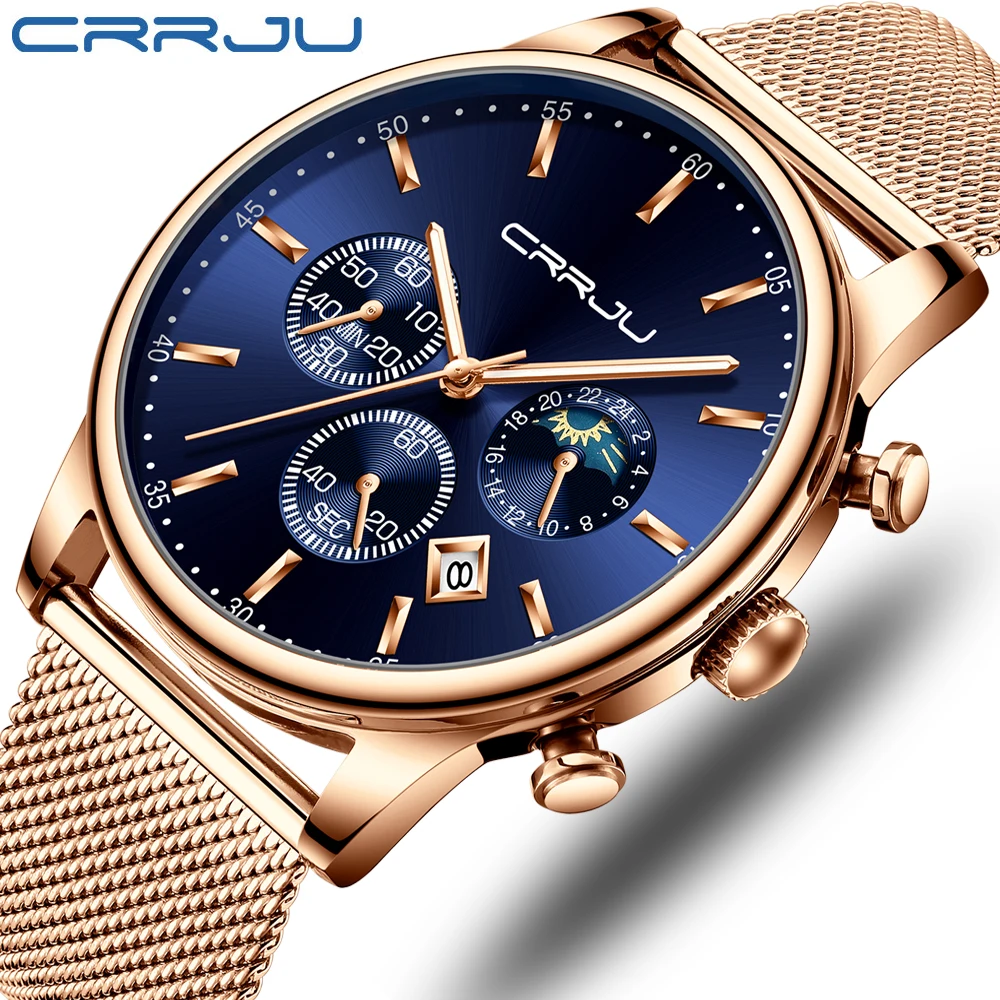 

Top Luxury Brand CRRJU New Classy Casual Steel Watch For Men Rose Gold Band Blue Dial Male Daily Dress Clock 2021