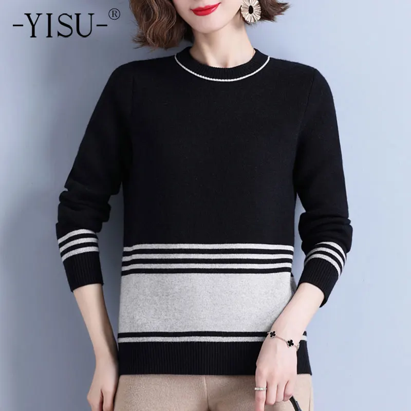 

YISU 2021 New Women Splicing Stripes Sweater Half high collar Female Jumper Loose Fashion Casual Knitted pullove Women clothing