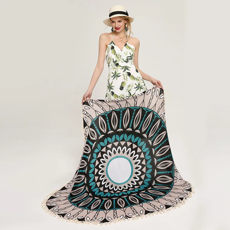 

2021 New Spring and Summer Round Beach Towel Cotton and Linen Fringed Outdoor Travel Ladies Scarf