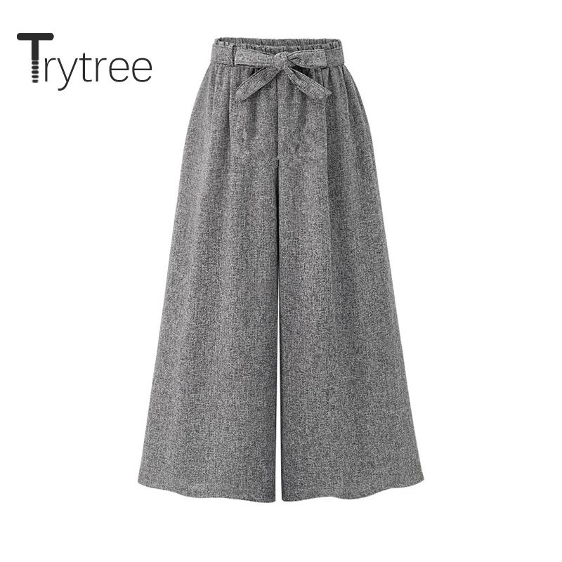 

Trytree 2020 Summer Women Pants Casual Loose Wide Leg Pants Elastic Waist Bow Fashion Solid All-Purpose Style Ankle-Length Pants