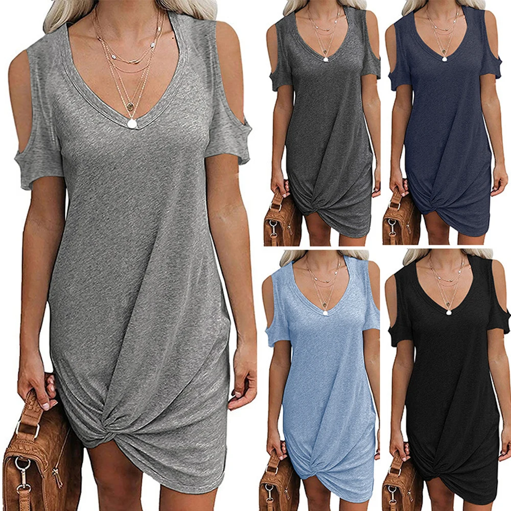Summer Party Basic Dresses Ladies Short sleeve Womens Solid Off Shoulder Mini Dress V Neck Casual Woman Loose | Женская одежда