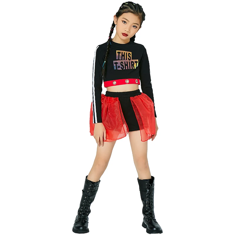 

2021 Girls New Hip Hop Modern Dance Clothes Long Sleve Shirts Shorts Mesh Skirts Suit Jazz Performance Dance Hiphop Clothing