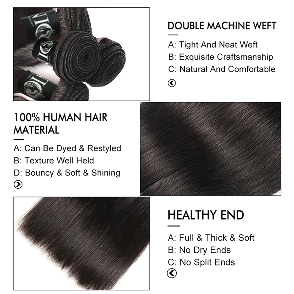 Yolissa прямые пучки волос с закрытием 100% человеческих 3 пучка перуанские remy