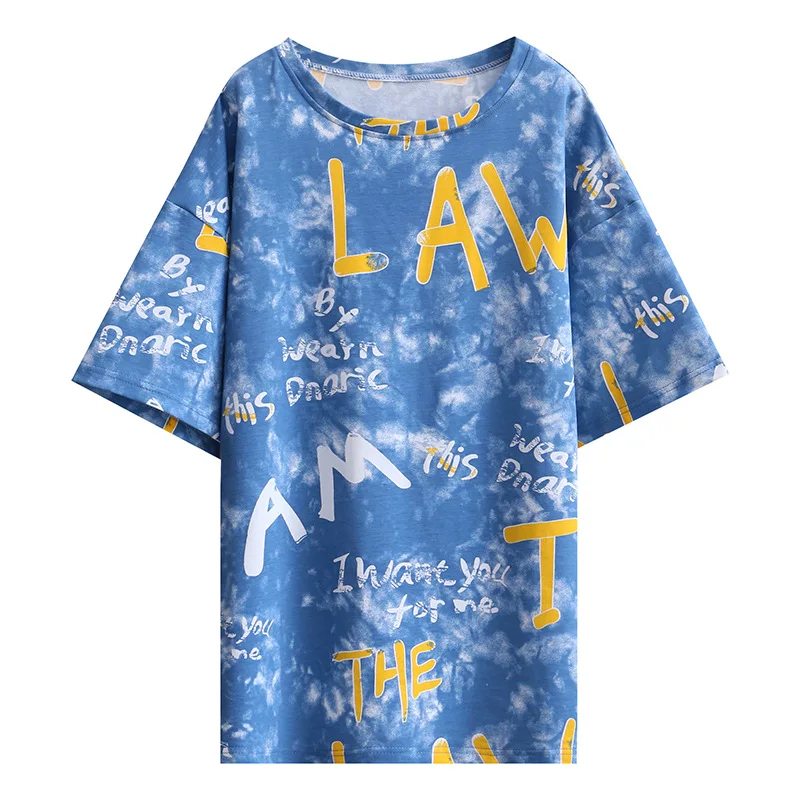 

Women T-shirt 2021Summer New Short-sleeved Tie-dye Printed Letter Casual Broadcloth O-neck Long Sweet Loose Plus Size Polyester