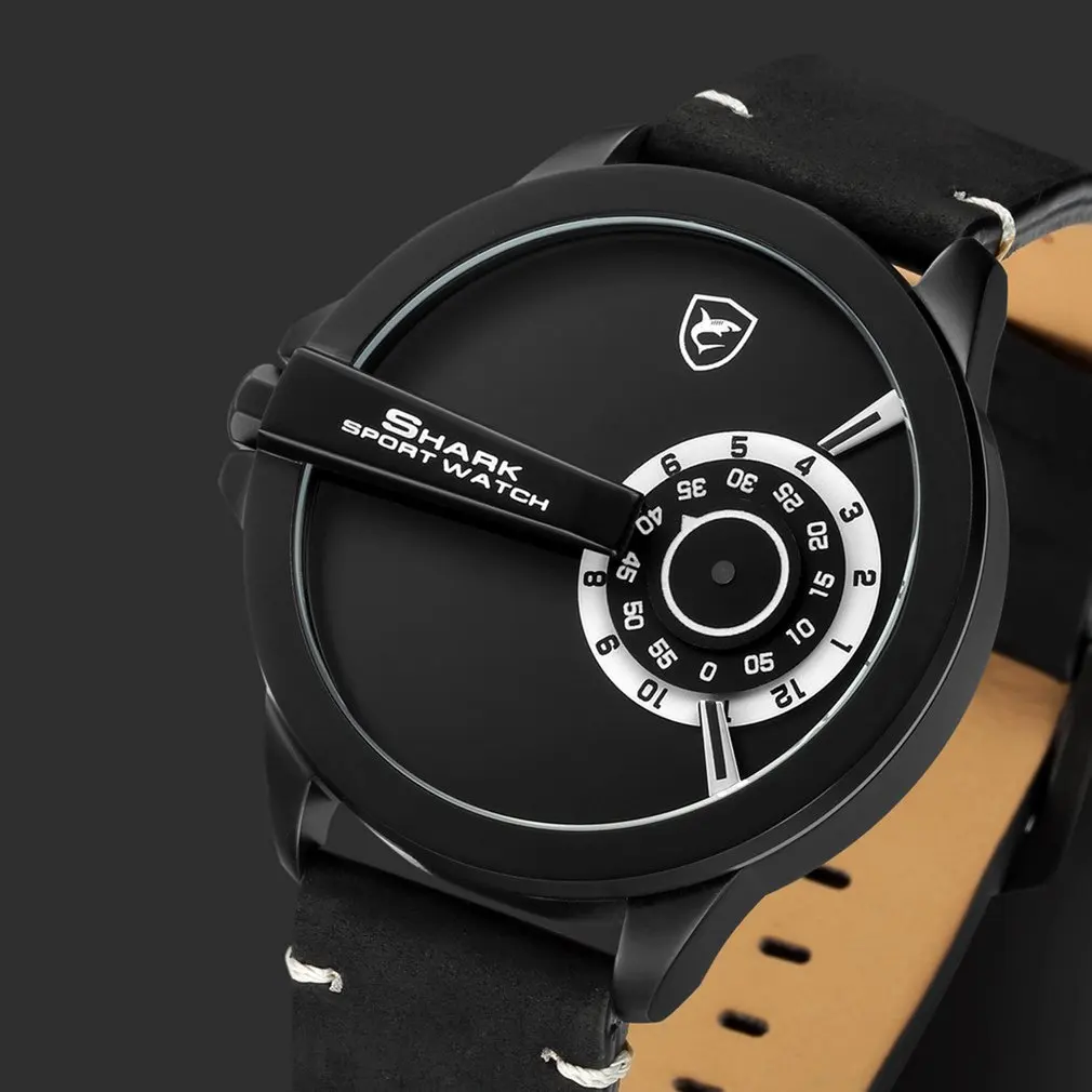 Black SH564 Новые спортивные часы SHARK с поворотным циферблатом, специальный дизайн, кварцевые часы Crazy Horse с кожаным ремешком, водонепроницаемые мужские наручные креативные часы/SH561 - Цвет: Black SH564