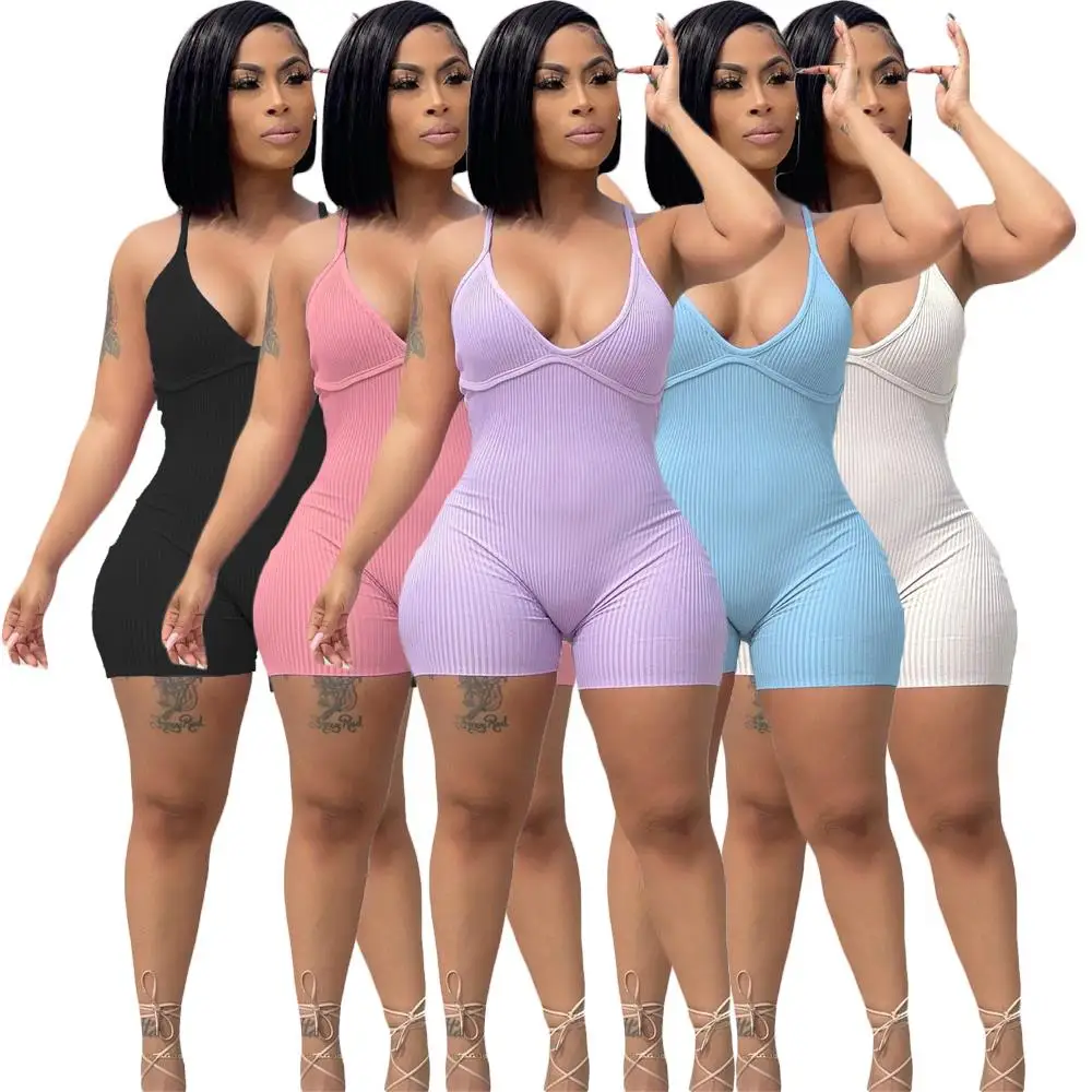 

White Black Blue Pink Purple Women Streetwear Spaghetti Strap Ribbed Knit Short Jumpsuits Deep V Neck Sleeveless Bodycon Rompers