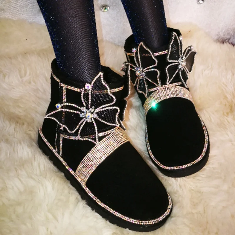 

Новинка, зимние ботинки в стиле ins super fire большого размера 33-44, короткие ботинки из сетчатой Красной кожи стразы, ботинки для снежной погоды с ...