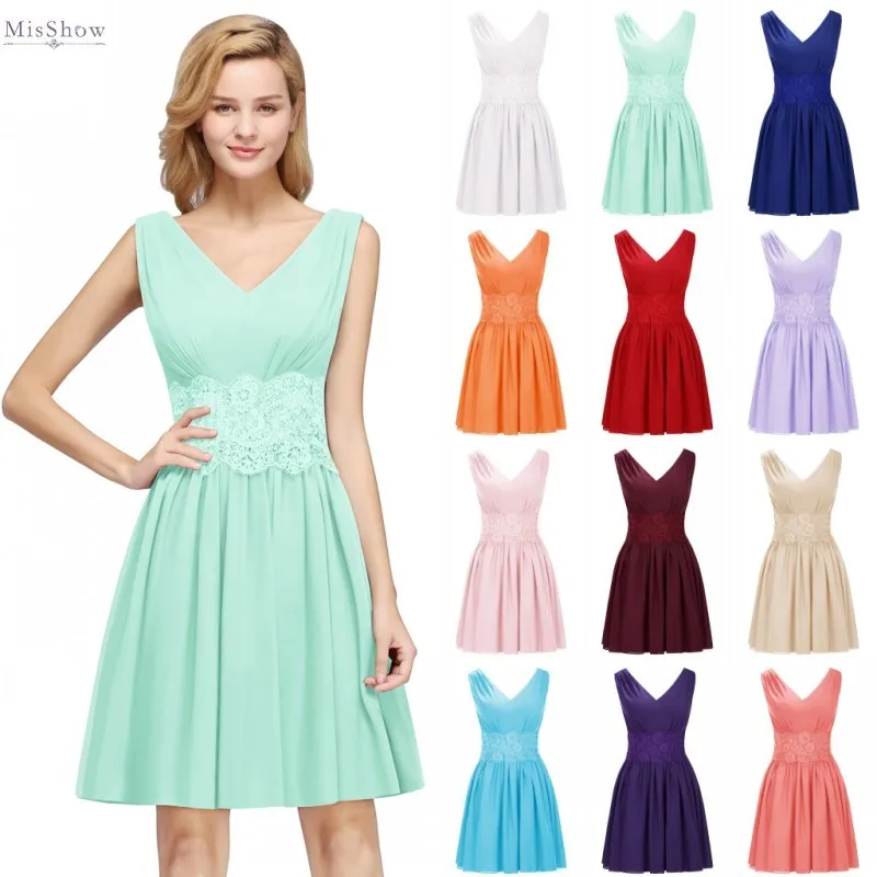 

Короткие Мятные шифоновые платья для подружек невесты 2020 элегантное гостевое платье для свадебной вечеринки с V-образным вырезом без рукав...