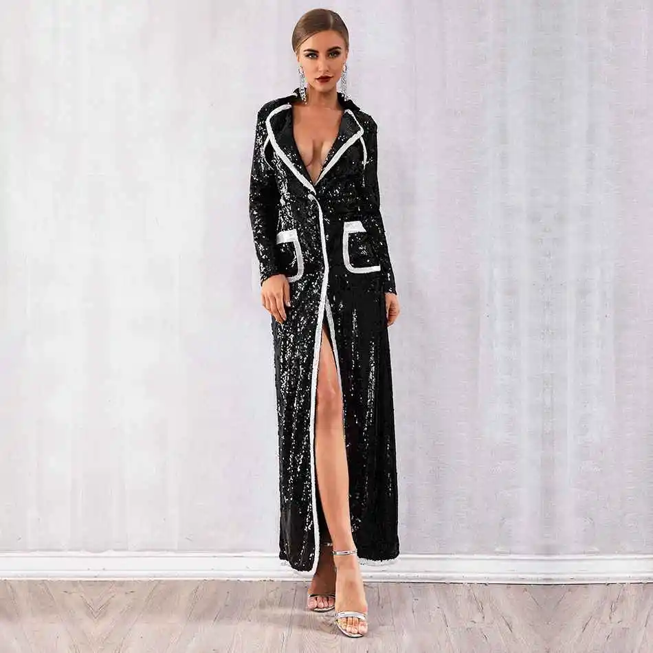 Seamyla 2020 New Fashion Women Coat Long Sleeve Runway Trench Sexy Split Black Sequined Celebrity Evening Party Coats Vestidos | Женская