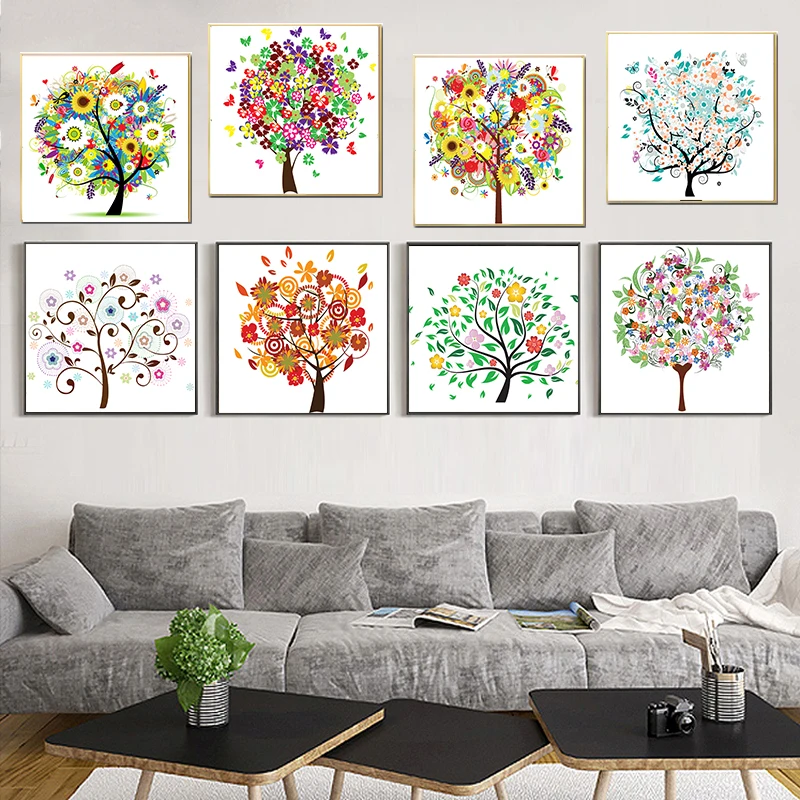 Четырехсезонная Настенная картина с изображением цветов дерева акварель