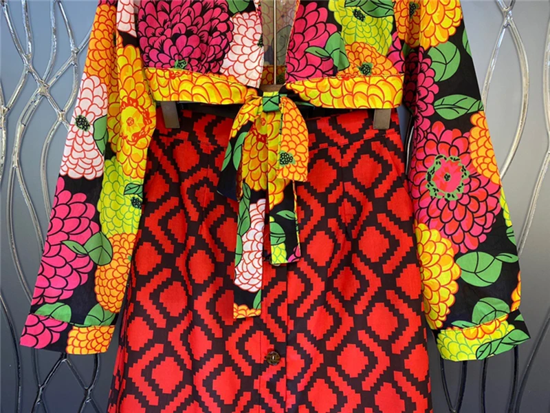 

VGH Bohemian Print Two Piece Set For Women Lapel Long Sleeve Tops High Waist A Line Skirt Hit Color Sets Female Fashion New