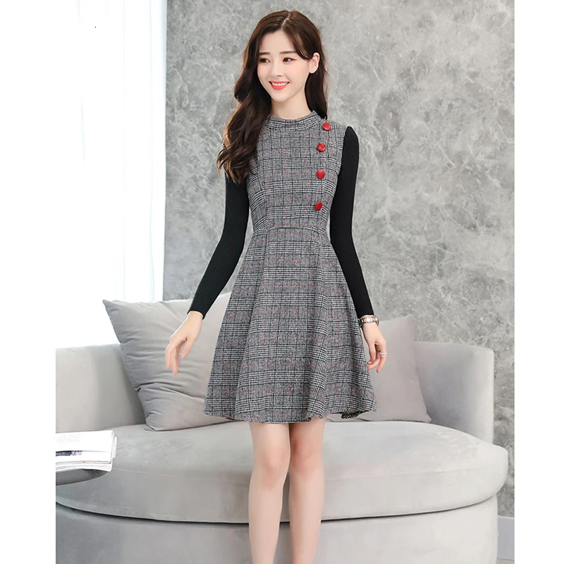 Новинка зимы шерстяное платье средней длины женское с длинными рукавами и Платье