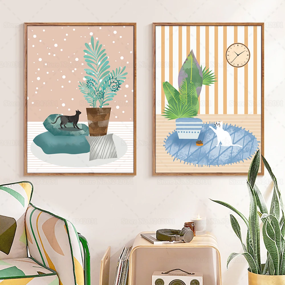 Cute Cat and Green Plants In House Creative Canvas Painting The Kitten Botanical Poster Fresh Style Wall Art Decoration | Дом и сад