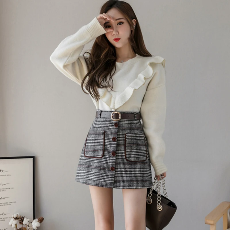 Винтажные шерстяные мини-юбки женские клетчатые юбки-карандаш большого размера