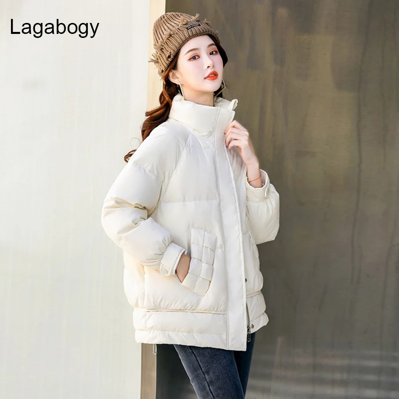

Lagabogy 2021 New Women's Winter Jacket Short White Duck Down Coat Female Loose Warm Zipper Overcoat Black Casual Outwear