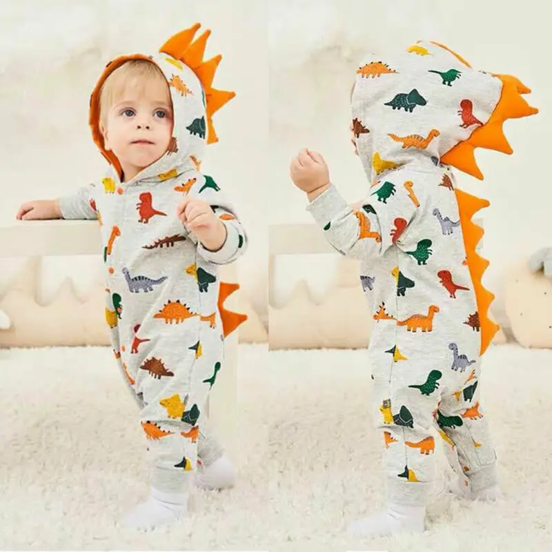 

0-24 Months Infants Baby Boys Girls Clothings Dinosaur Romper Bodysuit Autumn Winter Hooded Clothes