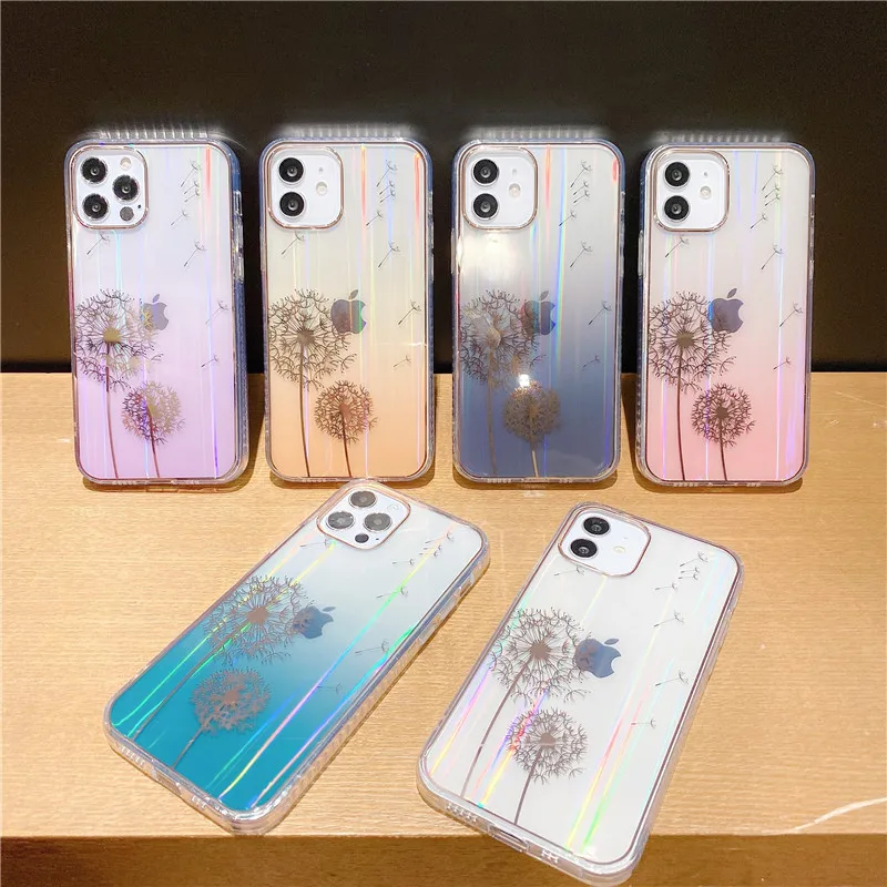

Laser Gradient Flower Feather Luxury Phone Case For iPhone 12 11 Pro Max XR XS X 7 8 Plus SE20 Transparent Plating Stripe Cover